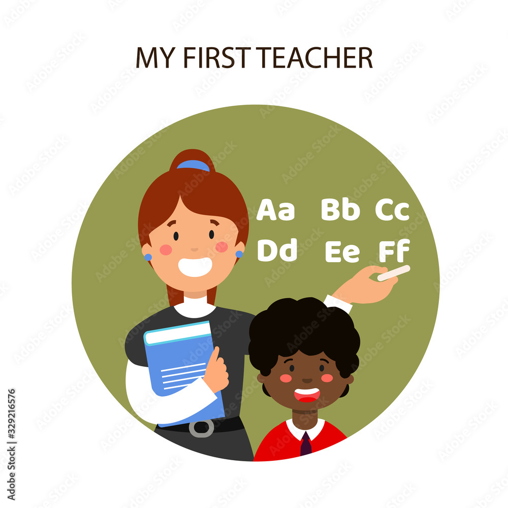 Black Schoolboy and First Teacher in Classroom. Write Letter. Elementary School. Pupil and Teacher in Classroom. Woman in Yellow Orange Blouse. Boy in Uniform. Vector Illustration. Study at School. Black Schoolboy and First Teacher in Classroom. Write Letter. Elementary School. Pupil and Teacher in Classroom. Woman in Yellow Orange Blouse. Boy in Uniform. Vector Illustration. Study at School.