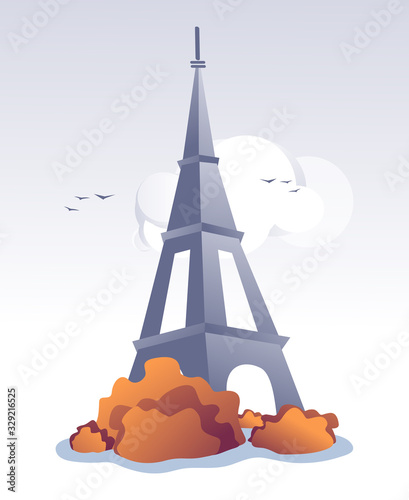Cartoon European Famous Historic Building. Metal Construction. Flat Old Medieval Architecture or Modern Tower. Showplace or Attractions in Europe. Natural Scene and Park Plants. Vector Illustration