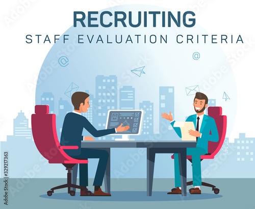 Recruiting Staff Evaluation Criteria. Business Men Communicate in Office. Smiling Businessman in Business Suit. Vector Illustration. HR Manager. Recruitment Agency. Recruiting Director Selection.