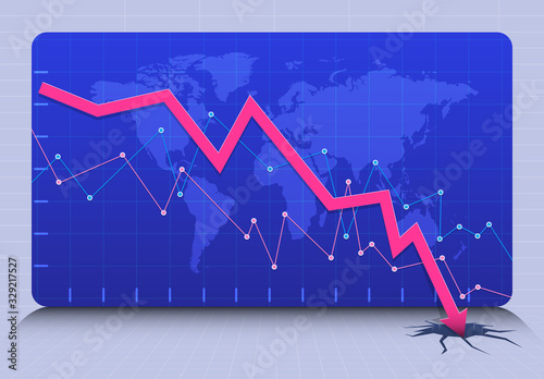 The pink arrow graph falling and breaking in the crack hole. The concept of the financial crash. Vector illustration.