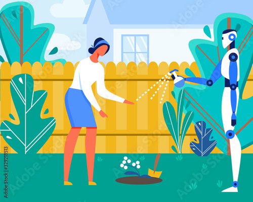 Woman Planting Flowers in Garden or Backyard near House Cartoon Flat Vector Illustration. Robot Spraying Hands. Artificial Intelligence or Automation Person Cleaning or Watering Girl's Arms.