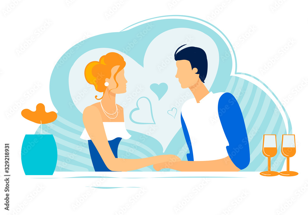 Romantic Couple in Love Dating in Restaurant. Man and Girl Sitting at Table Looking on each other, Holding Hands, Declaration of Love, Meeting, Nightlife in Bar or Pub Cartoon Flat Vector Illustration
