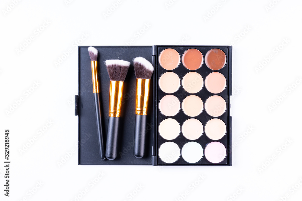 Feminine and vanity concept. Flat lay composition of make ups 