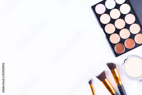 Feminine and vanity concept. Flat lay composition of make ups 