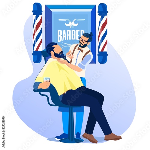 Barber Styling Client Beard with Scissors in Men Beauty Salon Barbershop. Hipster Grooming Place, Customer Sitting on Transforming Armchair with Alcohol Drink in Glass Cartoon Flat Vector Illustration