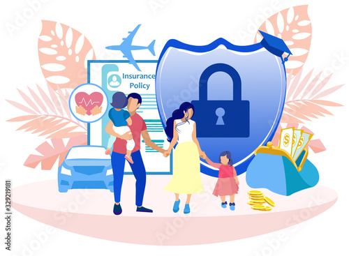 Voluntary Medical Insurance Programs Cartoon. Medical Life and Health Insurance for Parents and Children. Cost Savings for Whole Family Insurance Program. Vector Illustration on White Background.