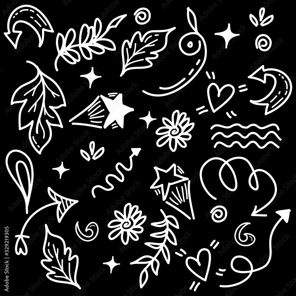Fototapeta premium hand drawn set of abstract doodle elements. use for concept design. isolated on black background. vector illustration