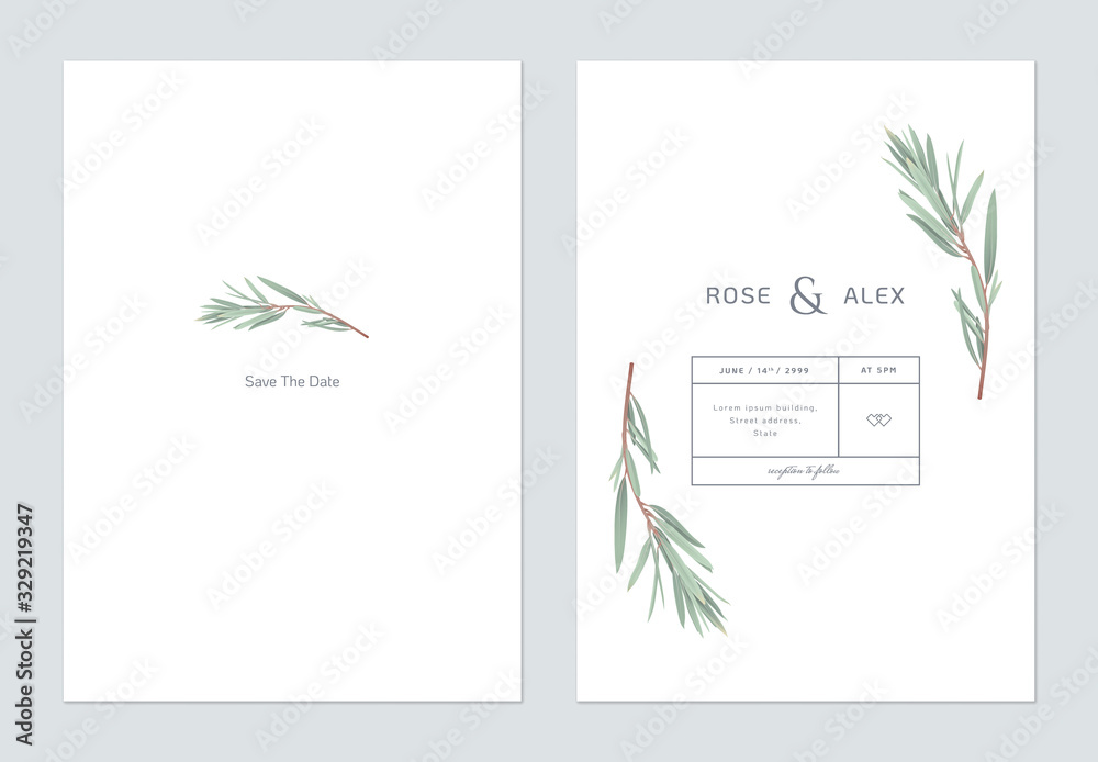 Minimalist wedding invitation card template design, bottle brush branches on white