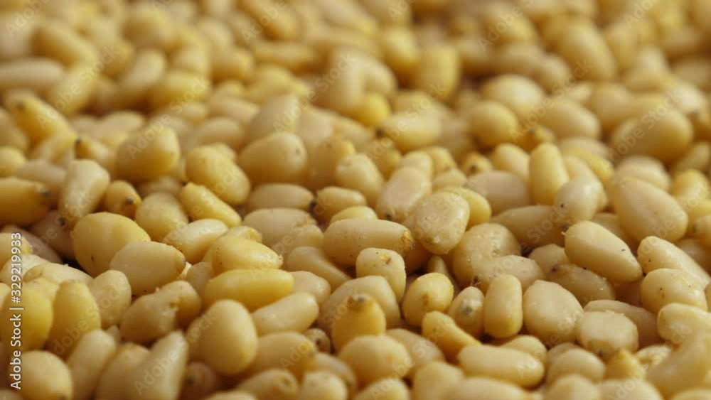 Pine nuts background. Unshelled cedar seeds, closeup. Rotate Pine nuts background. Unshelled cedar seeds, closeup. Rotate