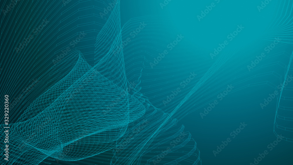 High tech blue green wave dark background. Abstract technology big data digital background. 3d rendering.