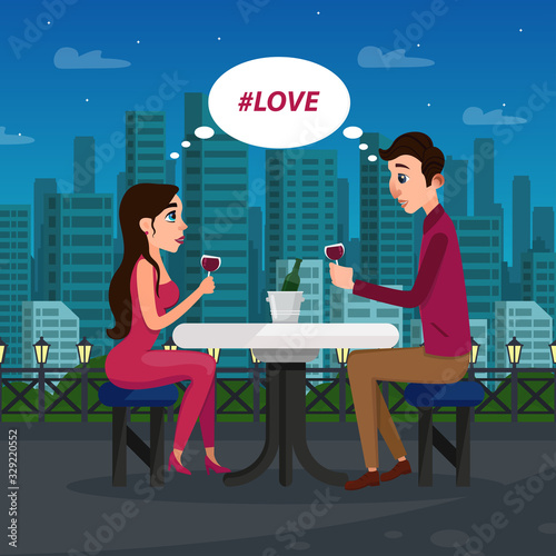Couple Lovers Having Romantic Late Dinner Dating. Man and Woman Sitting at Table in Open Air Restaurant and Drinking Wine. Hashtag Love. Cartoon Movie. Vector Clip Art. Flat Cityscape Illustration