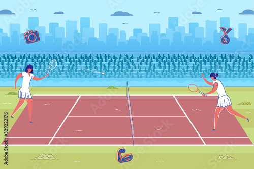 Tennis Championship. Cartoon Women in White Swortswear Play Tennis Game on Court Playground Outdoors Vector Illustration. Girl Player Serve Ball with Racket. Olympic Sport Competition