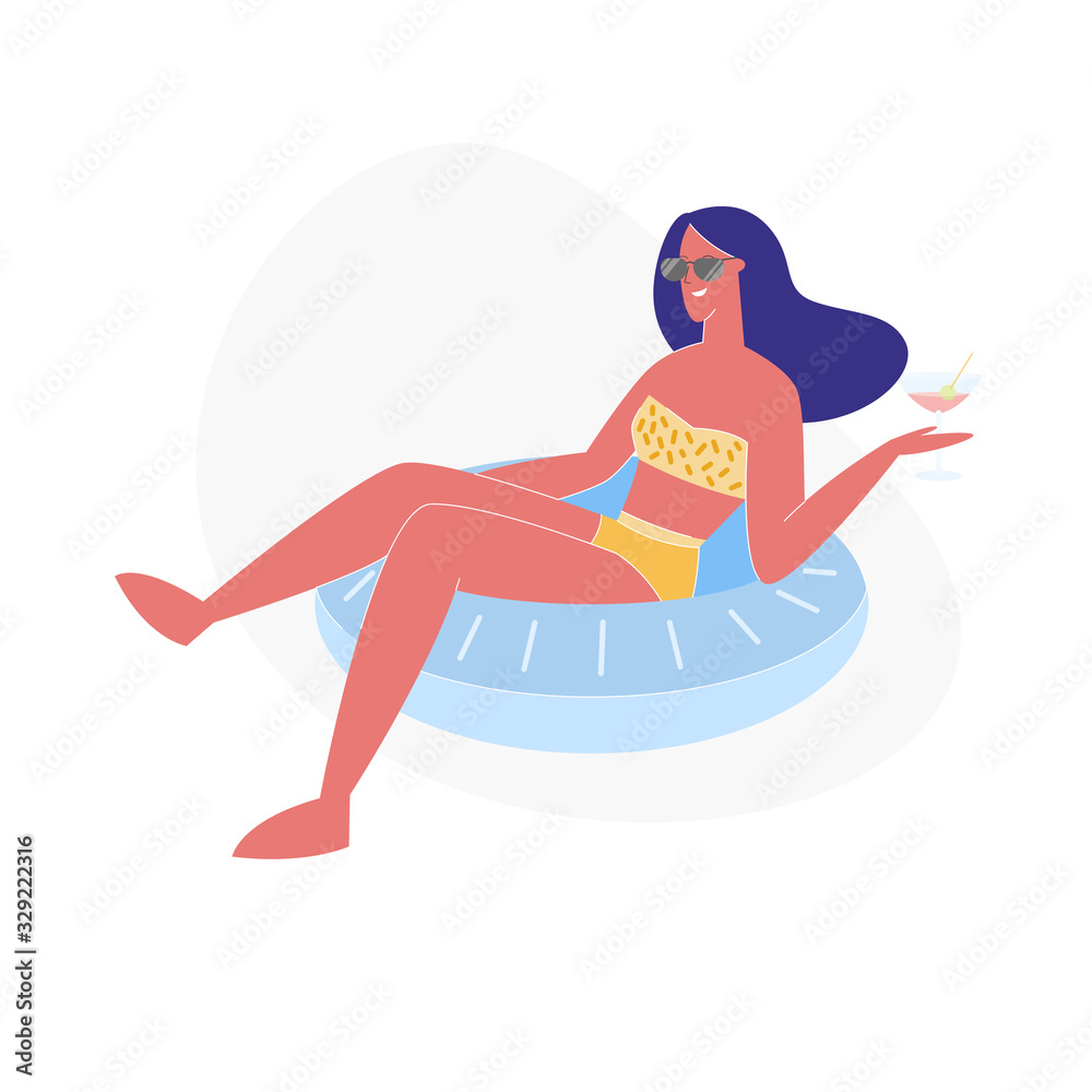 Summertime Leisure, Vacation. Young Happy Woman Relaxing on Resort, Floating at Inflatable Ring in Swimming Pool and Drinking Cocktail. Tropical Vacation Sparetime. Cartoon Flat Vector Illustration
