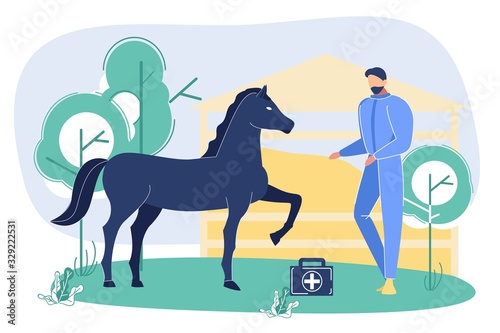Vet Petting and Examining Horse Outdoors at Ranch or Farm. Animal Beating Hoof near Medicine Bag with Cross. Health Care Veterinarian Medical Checking Procedure, Cartoon Flat Vector Illustration.
