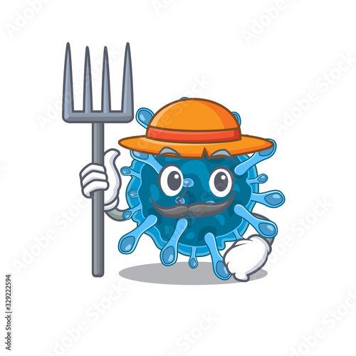 Microscopic coronavirus in Farmer cartoon character with hat and pitchfork