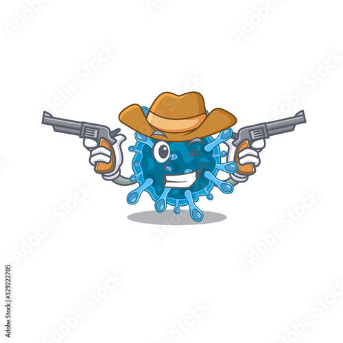 Funny microscopic corona virus as a cowboy cartoon character holding guns
