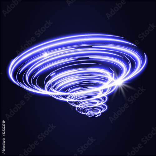 Blue tornado, swirling storm cone of stardust sparkles on dark background. Blue spiral hurricane with light effect. Magical stardust tornado, light hurricane.