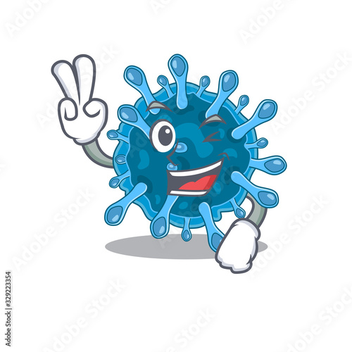 Cheerful microscopic corona virus mascot design with two fingers