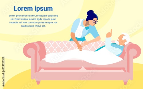 Flat Vector Starting Page Design Template for Online Project. Illustration with Copy Space for Your Text. Nurse, Bent over Aged Patient, Lying on Sofa at Home, Listening to Him Attentively.