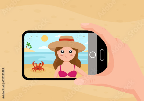 Taking selfie with cute girl and crab. Summer and beach.