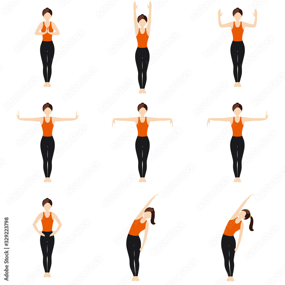 Standing Warm Up Yoga Asanas Arms Joints Stretching Set Illustration