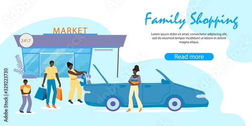 African Family of Mother, Father, Girl Teenager and Schoolboy Son Loading Purchases to Car Trunk after Shopping. Black Skinned People with Bags. Cartoon Flat Vector Illustration, Horizontal Banner