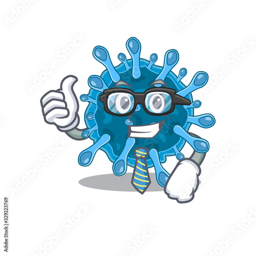 microscopic corona virus Businessman cartoon character with glasses and tie