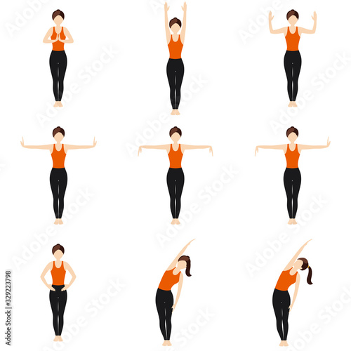 Standing warm-up yoga asanas arms joints stretching set/ Illustration stylized woman practicing exercises with hands photo