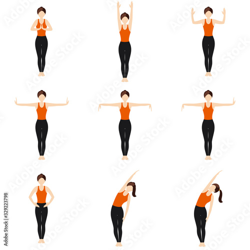 Standing warm-up yoga asanas arms joints stretching set/ Illustration stylized woman practicing exercises with hands