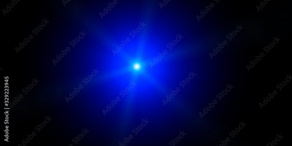 Neon round shining object in the dark. Blue starlights