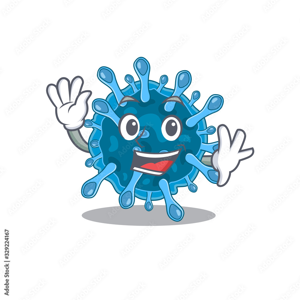 Smiley microscopic corona virus cartoon mascot design with waving hand