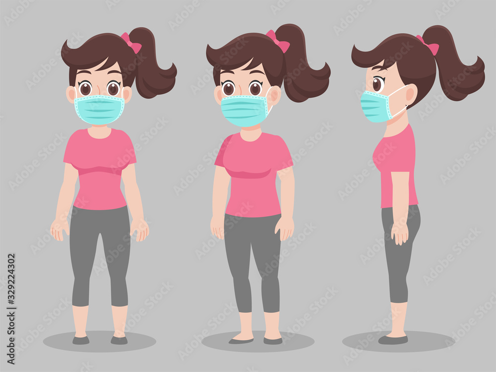 Set of cute Woman wearing protective Medical mask for prevent virus Wuhan Covid-19.Corona virus, people wearing a surgical mask. Health care concept. character pose front side turn around cartoon. Set of cute Woman wearing protective Medical mask for prevent virus Wuhan Covid-19.Corona virus, people wearing a surgical mask. Health care concept. character pose front side turn around cartoon.