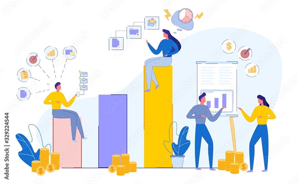 Business Infographic with Financial Development. Man Sits on Diagram Column with Smartphone, Icons Task and Goal. Girl Have Deadline, FІolder, Document, Letter. Сouple Discuss Indicators. Сoins, Money Business Infographic with Financial Development. Man Sits on Diagram Column with Smartphone, Icons Task and Goal. Girl Have Deadline, FІolder, Document, Letter. Сouple Discuss Indicators. Сoins, Money