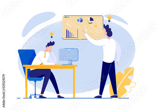 Office Brainstorming. Colleagues, Dressed Smart, Working as Team, Trying to Find Problem Solution. Active Brunet, Analyzing Diagrams and Charts. Tired and Bored Employee at Desk, Surfing Internet.