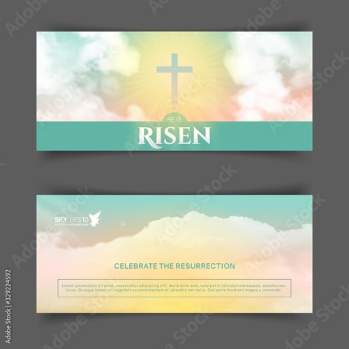 Christian religious design for Easter celebration. Narrow horizontal vector banners. Text: He is risen, shining Cross and heaven with white clouds.