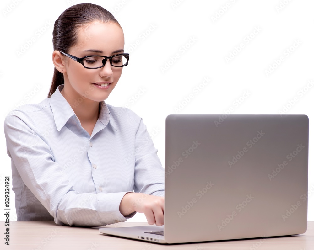 Businesswoman working at her desk on white background Businesswoman working at her desk on white background