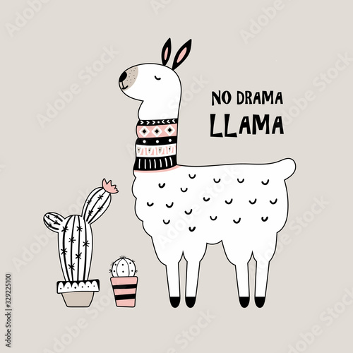 Cute cartoon llama with cactus.