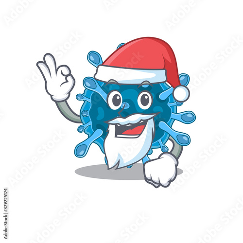 Microscopic coronavirus in Santa cartoon character design showing ok finger