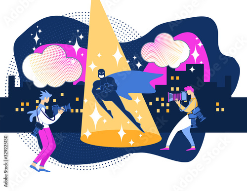 Blockbuster Celebrity Man in Superhero Costume, Cape and Mask Posing for Paparazzi Movie at Night City. Super Hero Film Festival Action, Promotion Halftone Retro Style Cartoon Flat Vector Illustration