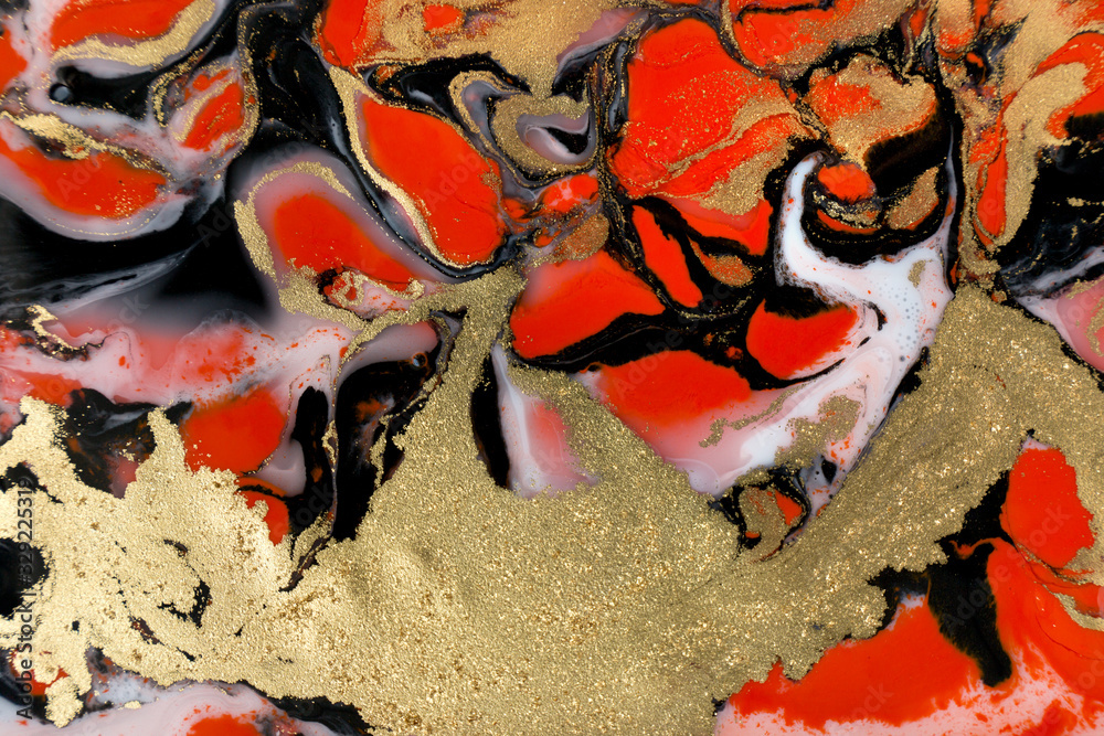 Red, black, white and gold paint liquid background. Abstract marble texture.