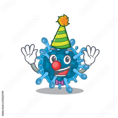 Cute and Funny Clown microscopic corona virus cartoon character mascot style © kongvector
