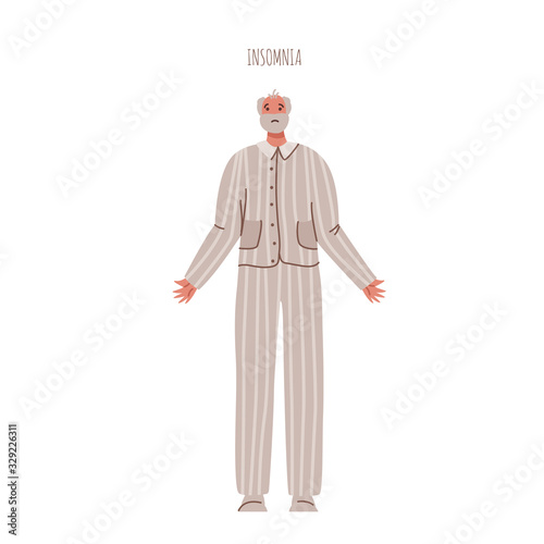 Alzheimers or Parkinsons disease - confused aged senior men with mental problems and insomnia, old people cant sleep at night, dementia signs and symptoms, - vector isolated person on white