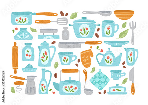 Kitchen utensil or kitchenware design elements. Cooking color cliparts isolated on white. Trendy textures on cartoon kitchen items. Ceramic, wooden tableware flat hand drawn vector set provencal style