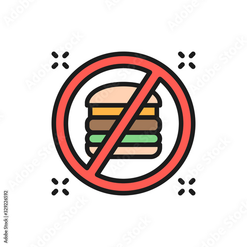 Forbidden sign with a hamburger, no fast food flat color line icon.