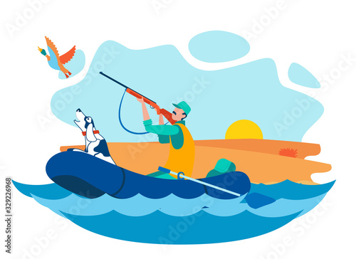 Hunter Shooting Water Bird Vector Illustration. Duck Hunting Season, Extreme Hobby. Man with Dog Sailing in Inflatable Boat in Ocean Flat Characters. Meadow and Bright Sun on Horizon © Mykola