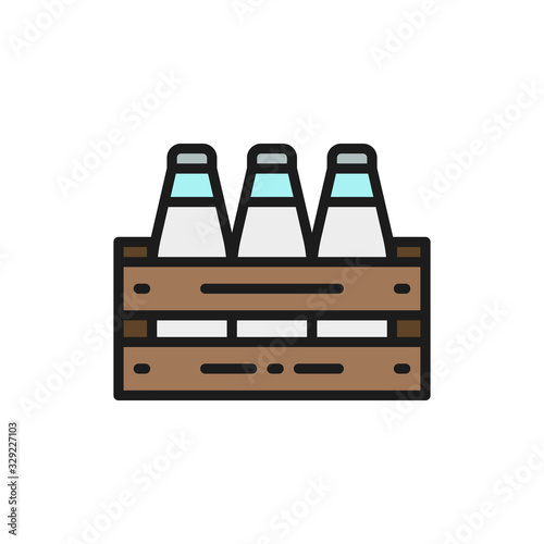 Box of bottles flat color line icon.