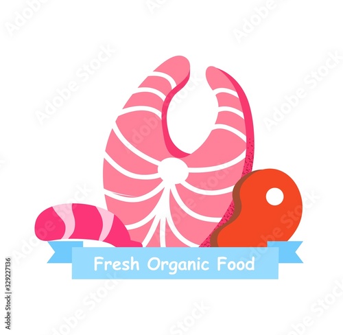 Fish and Meat Steak on White Background. Fresh Organic Food. Vector Illustration. Healthy Nutrition. Organic Food. Produced by Natural Products. Organic Production. Healthy Lifestyle.