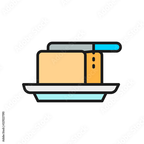 Butter in butterdish with knife flat color line icon.