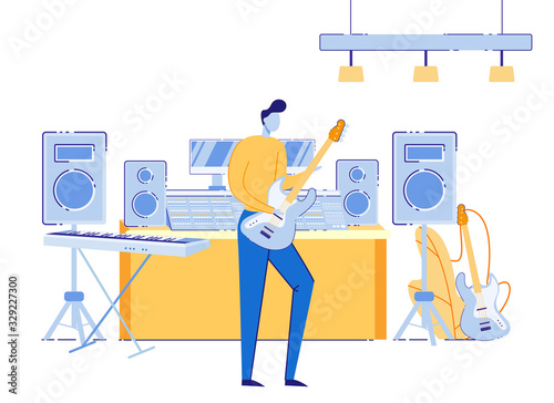 Young Man Musician Training before Concert Playing Electric Guitar Standing in Studio with Different Instruments and Equipment as Synthesizer, Dynamics, Amps. Artist Cartoon Flat Vector Illustration
