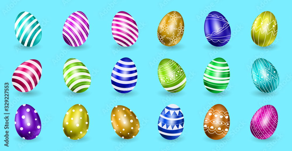Fototapeta premium Happy Easter, 3D colourful easter eggs., Golden easter egg, Vector illustration. 